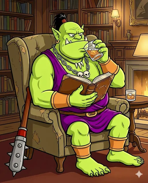 Ogre reading in a library